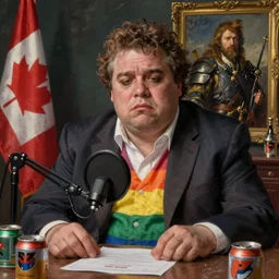 hyper realistic sad portrait of a hugely fat ugly don cherry, don cherry old degenerate watching fox hockey fights, gay pride suit, alone recording podcast surrounded by beer cans, canada flag, portrait dnd, painting by gaston bussiere, craig mullins, greg rutkowski, yoji shinkawa