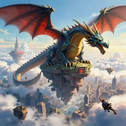 dragon, huge city, floating city on clouds, by wayne barlowe, peter mohrbacher, kelly mckernan, epic scene, 4 k, fantasy, colorful, environment, detailed
