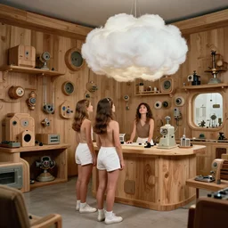 realistic photo of a three young female birdman wearing white shorts, watching at a levitating fluffy furry cloud, in a living room sci - fi laboratory with many wooden gadgets made of wood interior is made of wood 1 9 9 0, life magazine reportage photo, natural colors