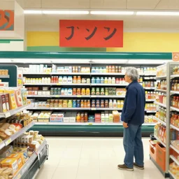 a japanese supermarket in the style of daniel johnston and jean dubuffet and peter doig, 8 k, line brush, very detailed, overlaid with japanese adverts