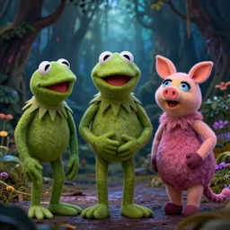 demonic muppets in magical forest, kermit, miss piggy, gonzo, dark atmosphere, soft lighting, high detail, 8 k