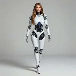 beautiful centered Fine art photo of young Sofia Vergara as a solarpunk robotic humanoid treading on a lake, chrome mechanical parts with led lights, photorealistic, white background, highly detailed and intricate, sun lighting, HDR 8k