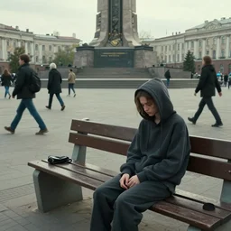 sadie sink in hoodie sits on bench in a square, pedestrians walk by. background of old soviet monument and pedestrians. storyboard, scifi cyberpunk. by gabriel hardman, joe alves, chris bonura. cinematic atmosphere, detailed and intricate, perfect anatomy
