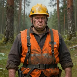 a russian railroad electrician!!!, male!!, wearing orange vest!! hard hat, harness, siberian forest!!, portrait, dirty, fat, ugly, intricate, elegant, highly detailed, digital painting, artstation, concept art, wallpaper, smooth, sharp focus, illustration, art by artgerm and greg rutkowski and alphonse mucha