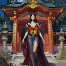 monarch butterfly priestess at the shrine. this heavily stylized oil painting by the award - winning comic artist has interesting color contrasts, plenty of details and impeccable lighting.