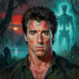 frazetta portrait of bruised sylvester stallone as rambo elf with very detailed dark eyes and backlit head , in background dark foggy backlit jungle with lake, backlit graveyards and muscular oversized skeleton silhouette backlit, cyan atmosphere , very detailed oil painting by frazetta with visible brushmarks, dramatic clouds , sunset red panorama