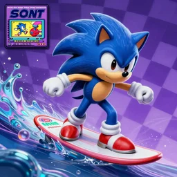 sonic the hedgehog in a recursive surreal, sharp, detailed professional, high quality airbrush art MGMT tame impala album cover of a liquid dissolving synthwave vaporwave LSD DMT blue sonic the hedgehog surfing through cyberspace, purple checkerboard background, 1990s 1992 Sega Genesis video game album cover,