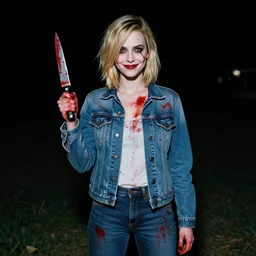 loish, artgerm, Joshua Middleton art, pretty female Alison Brie serial killer holding bloody knife, blood on clothes and face, sarcastic smile, symmetrical eyes, symmetrical face, full body, jean jacket, jeans, short blonde hair, middle shot, night time, deep blacks