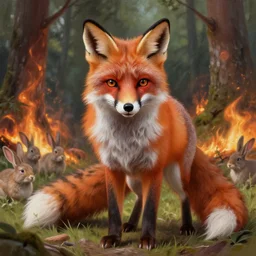 Portrait of a Fox in a burning forest, badget and rabbits in the background, farthing wood, fantasy, high detail, elegant, digital painting, natural light, vibrant, intricate, textured skin, highly detailed, artstation, sharp, focus, illustration, by Anna Dittmann, Ilya Kuvshinov, Nikolay Makovsky