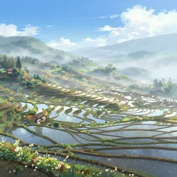 artstation scene, banaue rice terraces, bright blue sky, light bloom, atmospheric, dynamic ultra wide shot, cinematic composition, misty painterly anime style concept art, by craig mullins and jeremy mann
