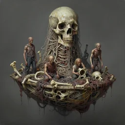 airbrush & oils of 4 character, primative tiered disgusting, floating sewer raft, made of bones, dystopian, by wayne d barlowe, h r giger, simon bisley, alex nino, boris vallejo, enric torres, hyper realism, narrative light, muted colors, epic, hyper detailed, awe inspiring, award winning horror, - n 4