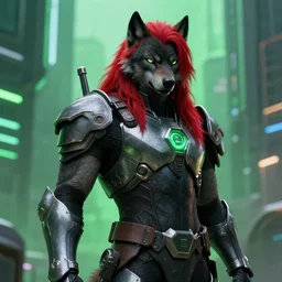portrait of a anthropomorphic black male wolf with long red hair wearing futuristic armor in a futuristic city | | concept art, 4 k, green volumetric lighting, highly detailed, photorealistic, trending on artstation
