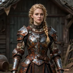detailed ultrarealistic photography of rustpunk rustic robust victorian warrior girl, greg rutkowski, greg hildebrandt alan lee, todd lockwood cinematic, full shot volumetric lights