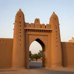 High-quality photography of an ornate West African city gate made of mud bricks at dawn, Canon TS-E 17 mm, National Geographic
