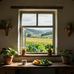 photorealistic imagery of interior of house in vilalge, window, plants, cups, food, vegetable plant, field landscape