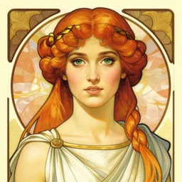 portrait of cassandra the trojan prophetess, redgold hair, greek nose, high cheekbones, meditteranean facial features, braided redgold hair, green eyes, chiton, high fantasy, dnd, smooth, sharp focus, illustration, by rossdraws, alphonse mucha, frank fanzzeta, collectible card art