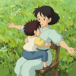my beautiful wife, sitting on a small wooden chair, with arms outstretched to our son for a hug, cartoon style, studio Ghibli, extreme detail, 8k