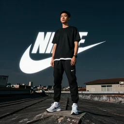 a man standing on a roof, in front of him a nike ad. stock photo