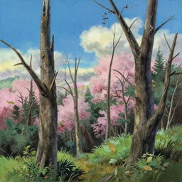 a traditional gouache painting of broken trees after hurricane in a bloomy forest with a sky background, photoreal panorama, a matte painting by makoto shinkai, ghibli, deviantart, matte drawing, concept art, matte painting