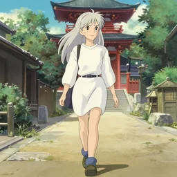 a beautiful blond silver hair young woman walking around in Japan in the style of Studio Ghibli and manga