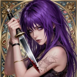 beautiful aesthetic gerard way revenge era 2005 emo holding bloody knife, purple hair, intricate, elegant, highly detailed, digital painting, artstation, concept art, smooth, sharp, focus, illustration, art by artgerm and greg rutkowski and alphonse mucha