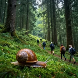 forest people walking in spiritual mystical forest from snail on the slope