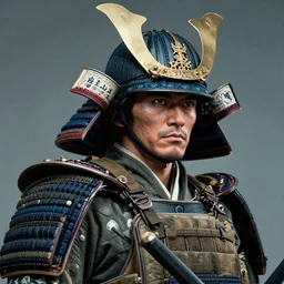 a powerful japanese samurai wearing military and tactical gear, detailed visible face, character portrait by moebius, laurie greasley, profile picture, 1 / 4 headshot, cinematic color grading