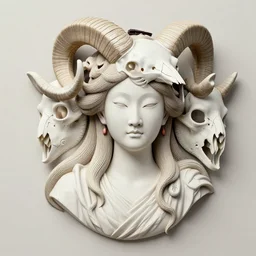 3 d goddess ram skull half - turn portrait with long hair with ram skull. beautiful intricately detailed japanese crow kitsune mask and clasical japanese kimono. betta fish, jellyfish phoenix, bio luminescent, plasma, ice, water, wind, creature, artwork by tooth wu and wlop and beeple and greg rutkowski