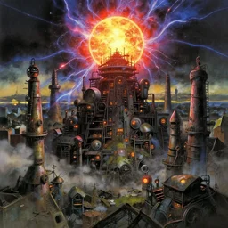 the beautiful, industrial, and futuristic metropolis that glows in plasma of the plasma sun orb is so old fashioned, i wish it would disappear into a smoldering ruin by studio ghibli painting, by ohara koson and thomas kinkade