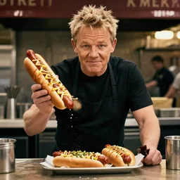 a film still of gordon ramsay selling hotdogs in a new movie, 4 k