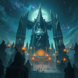 an digital painting of the ancient city surrounded by magic guardians, collosal sculpture of faceless god in the middle, lovecraft style, intricate details, detailed sky, starry night, artstation, epic scenery, colourful light, cinematic, by marco bucci and vasnetsov