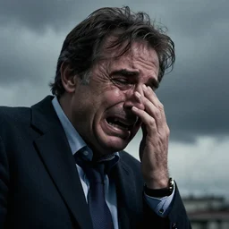 Dramatic photo of Enrico Letta, crying and broken with gloomy sky