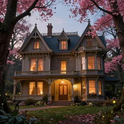 a stunnng victorian house in ancient forest at dusk, architecture, ultra detailed, warm interior light, pink leaves tree, cinematic shot, photorealistic, octane render, high definition, fine details, fairy mood, fireflies, 8 k