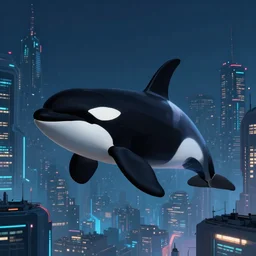 highly detailed illustration of an orca flying over a cyberpunk city at night by nico delort, moebius, oliver vernon, joseph moncada, damon soule, manabu ikeda, 4 k resolution