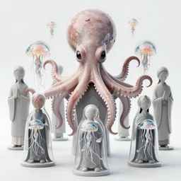 group of people species mages with octopus heads and a lot of small translucent jellyfishes floating around inside an ancient mage castle hall colossal scale, gothic and baroque, brutalist architecture, ultradetailed, Intricate by Ellen Jewett and Josan Gonzalez and Giuseppe Arcimboldo