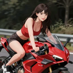 Matoi Ryuko rides red sports bike, hourglass slim figure, seductive smile, details, sharp focus, illustration, by Jordan Grimmer and greg rutkowski, Trending artstation, pixiv, digital Art