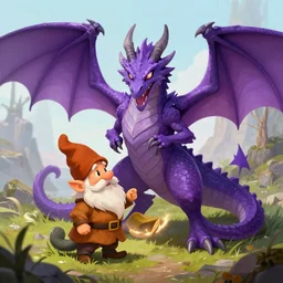 purple dragon taming a gnome, fantasy illustration