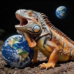 a humongous iguana with it's mouth WIDE, wide open ready to eat earth, EARTH, earth, earth outside, outside ,outside in space, space, space