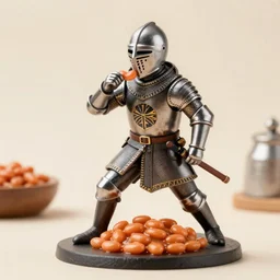 still medium shot, figurine of medieval knight eating british baked beans, dynamic pose, personification, detailed product photo, featured on amiami, 8 k, 8 5 mm, f. 1 4, beautiful composition,