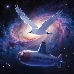 bird flying in galaxy on a submarine in anime art style