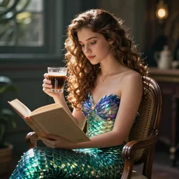 photo of A mermaid girl sits in a chair with a book and a glass of coffee, fine details, cinestill, bokeh