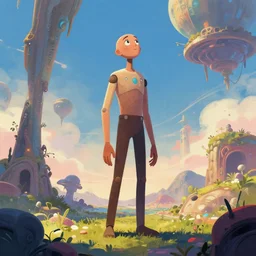 A beautiful artwork illustration, a tall humanoid radiating curiosity and caring, exploring and looking around in an alternate universe, featured on artstation, wide angle, vertical orientation