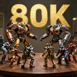 Table of statues fighting robots, 8k, 100k, cinematic view