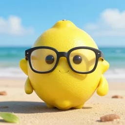 a 3d lemon wearing glasses at the beach