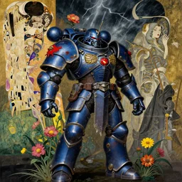 composition gothic of and futuristic, warhammer, cyber japan style armor, scars, thunderstorm, blue, red, yellow, many mechflowers, the middle ages, highly detailed, artstation, in the style of moebius, jugendstil and classic japanese print, art by max ernst and gustav klimt, compositon by jean rene magritte