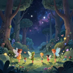 small fairies, trippy enchanted cosmic forest, animals, stars in the sky, butterflies, rainbows, psychedelic, wide angle shot, white background, vector art, illustration by frank frazetta