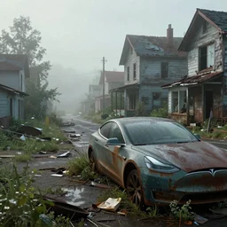 apocalyptic, ruined town, abandoned streets, littered, decrepit homes and sheds on the side of the road, slowly being reclaimed by nature. rusted tesla car. fog, dew, rain, volumetric lighting, beautiful, summer morning dew, sharp focus, ultra detailed, cgsociety - w 1 0 2 4 - n 8 - i