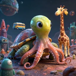 a strange bird turtle octopus giraffe chimera creature waiting for the bus with other monsters, on an alien planet, in the style of shaun tan and sam shearon, close up, glossy, beautiful, fantastic, wonderful, science fiction, dramatic lighting, high contrast, 3 d sculpture 8 k octane render