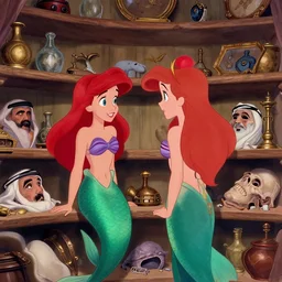 ariel the mermaid looking at shelves full of her treasured possessions, among her possessions are the remains of osama bin laden, disney animation