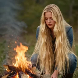photo of hillbilly with long blonde hair around a bonfire